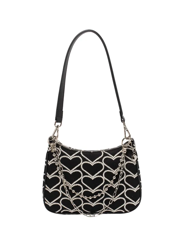 Heart shaped Embroidery Y2k Sweet Cool Chain Bag Black - Shop at LoveMi