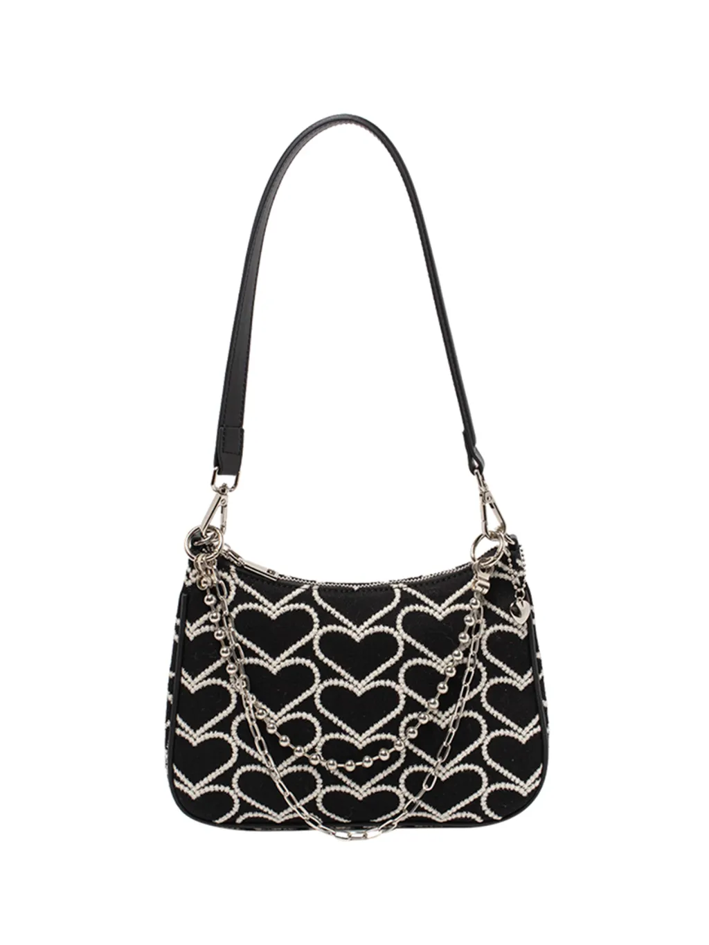Heart-shaped Embroidery Y2k Sweet Cool Chain Bag - Black
