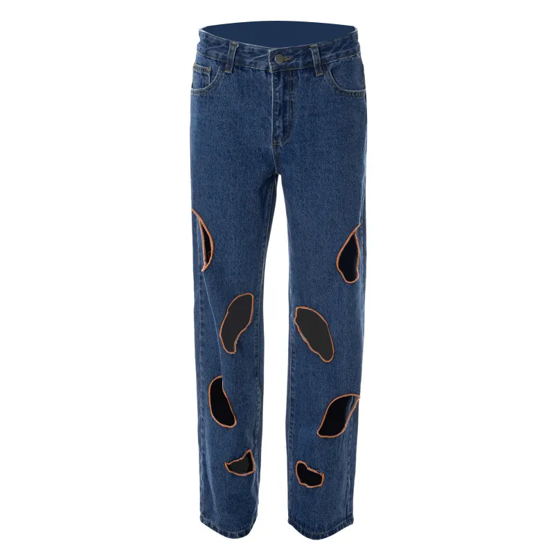 Straight Leg Jeans With Broken Buttocks - Dark Blue