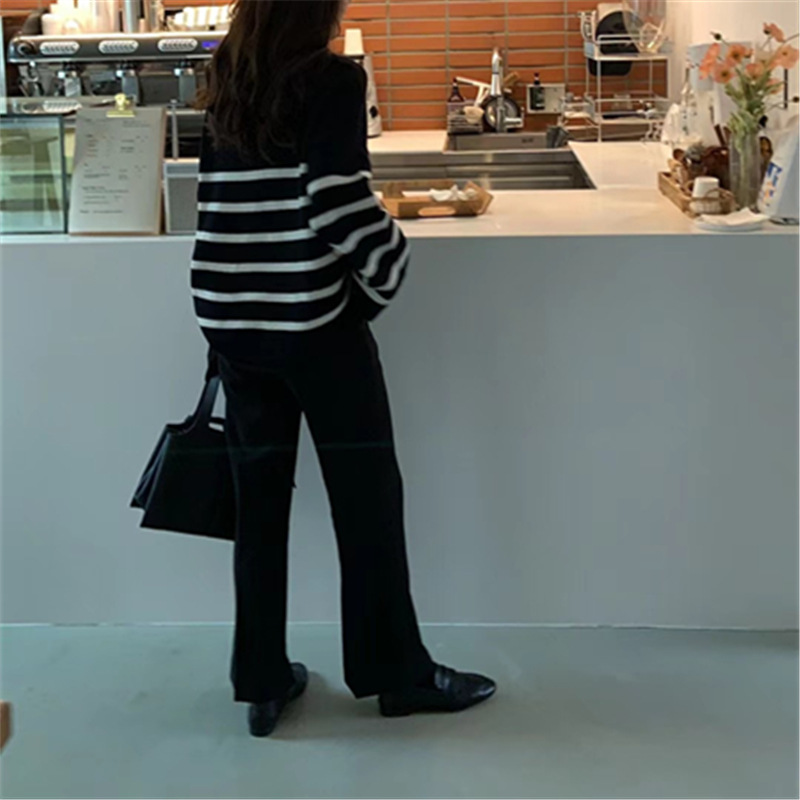 Long Sleeve Contrast Striped Sweater Women Loose Lazy