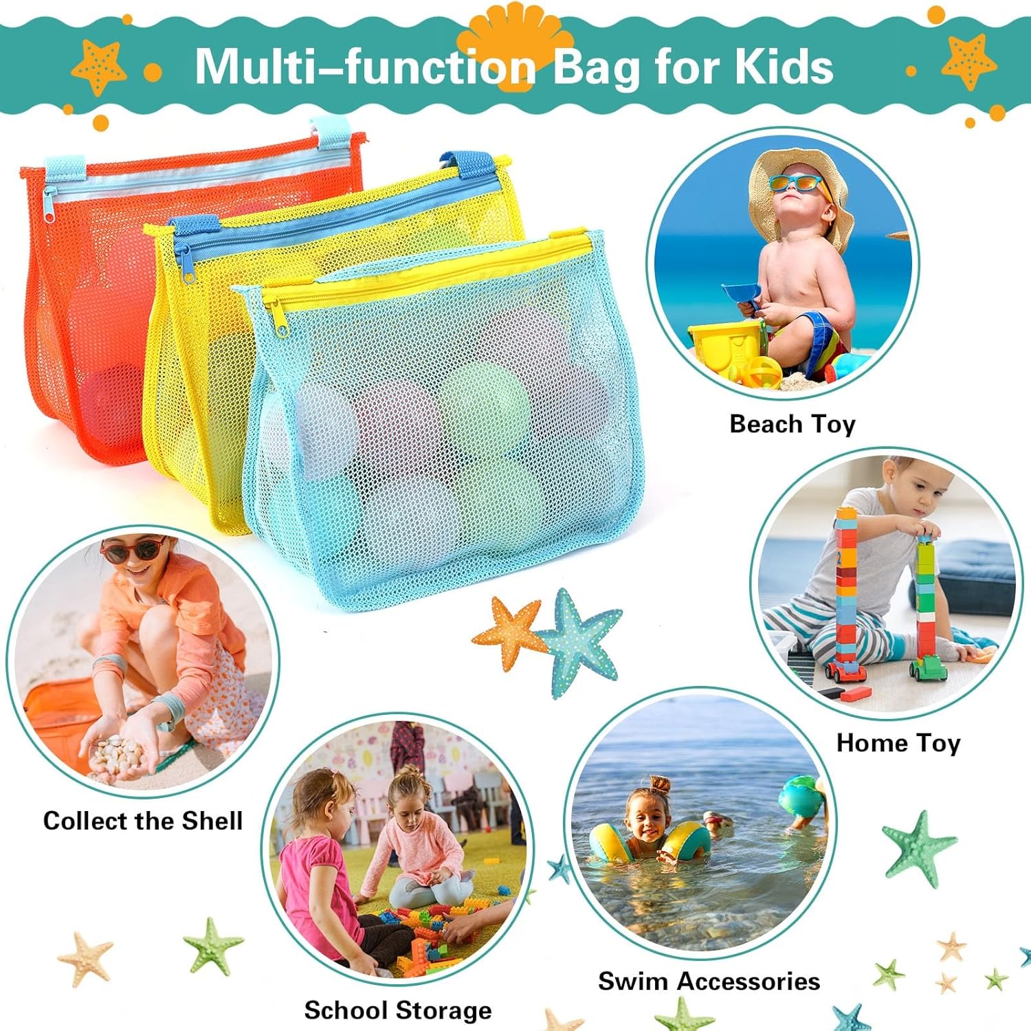 3 Pack Beach Toys Mesh Beach Bag Seashell Bag Sand Toy Shell Collecting For Holding Shells Swimming Pool Storage With Adjustable Carrying Straps For Boys And Girls Clearance
