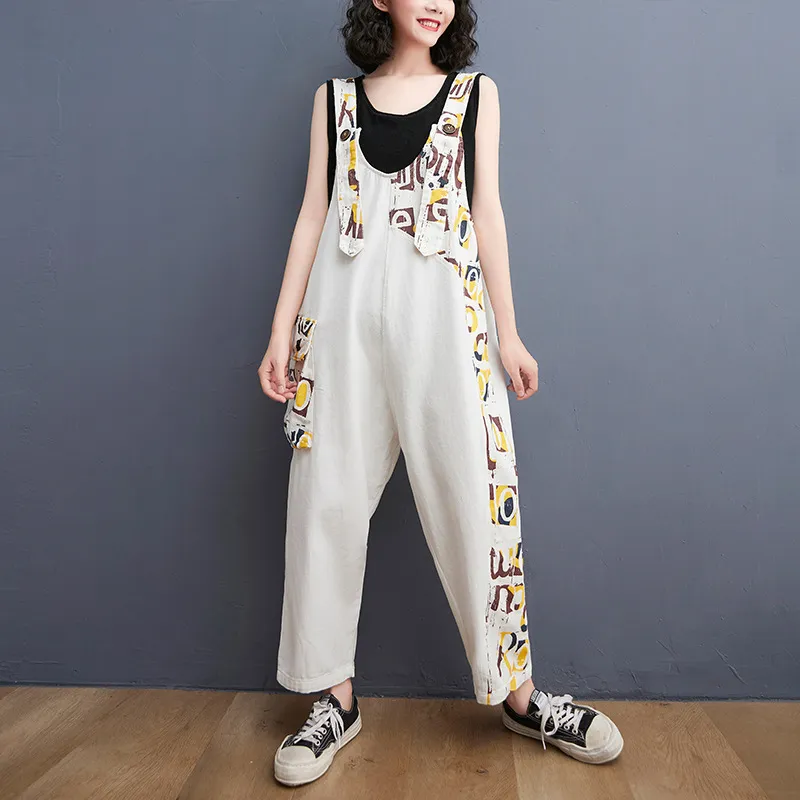 Women's Fashion Alphabet Print Large Size Denim Overalls - White