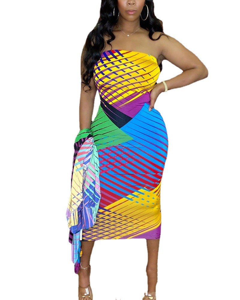 Color Print Women's Strapless Printed Skirt Coat Two-piece Set