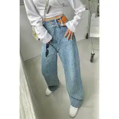Light Blue High Waist Fashion Wide Leg Braided Jeans - Blue - View 1