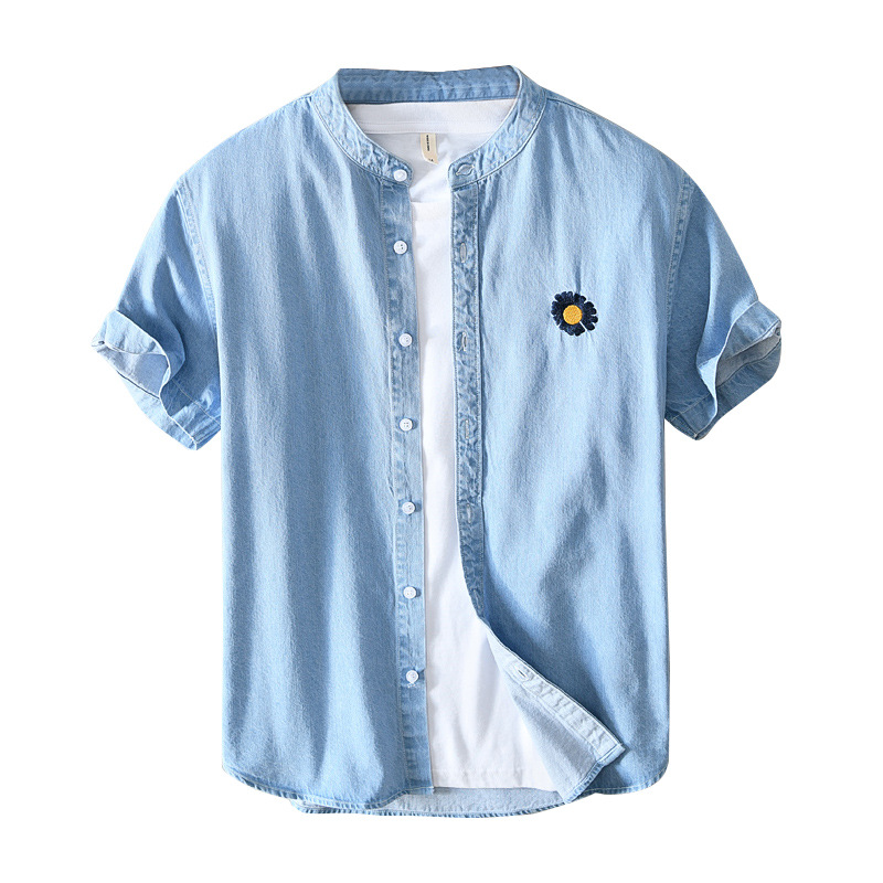 Denim Short-sleeved Men's Japanese Men's Shirt Loose Light-colored Denim Shirt