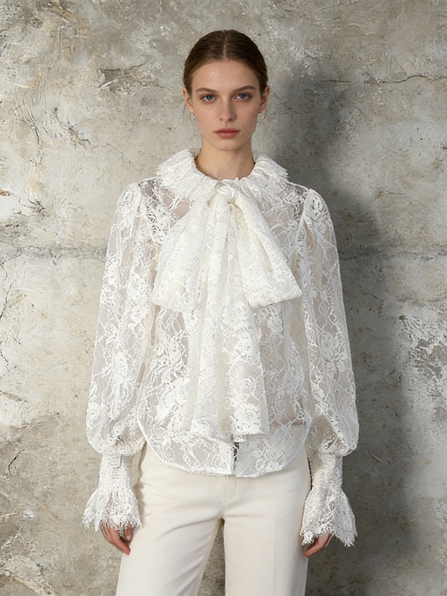 Lantern Sleeve Bow Tie Lace Embroidered Shirt