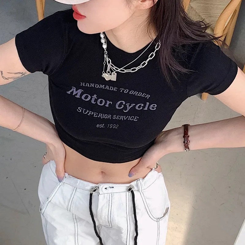 European And American Spicy Girl Style Letter Embroidery Short Sleeve - Black