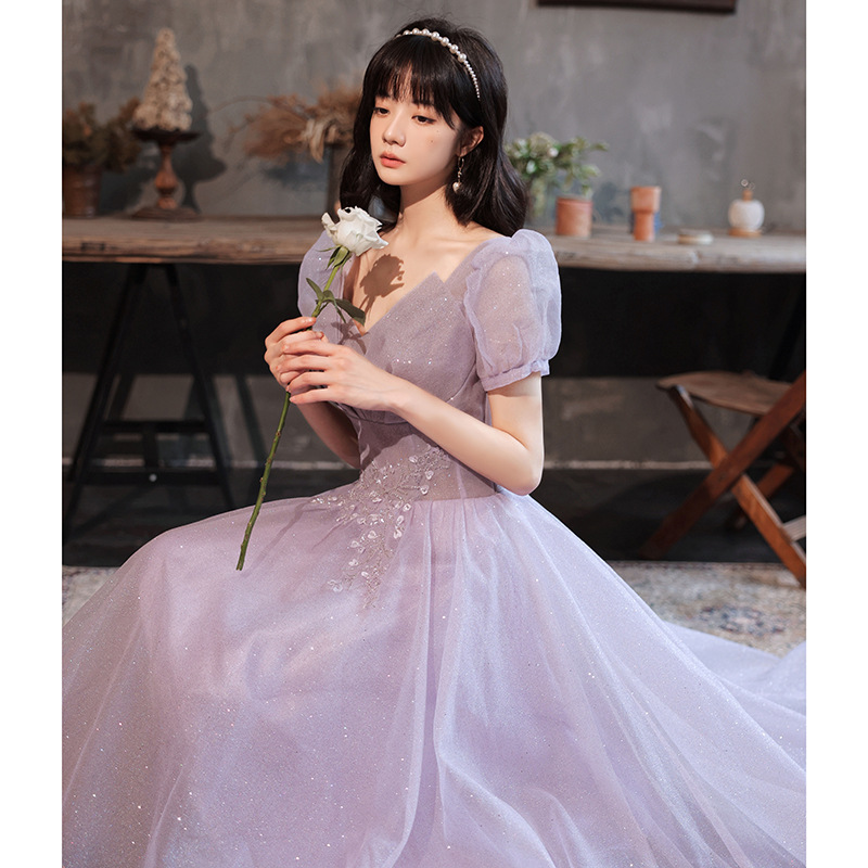 HOOR Women Luxury Puff Sleeve Backless Shiny Prom Gown Purple - Shop at LoveMi