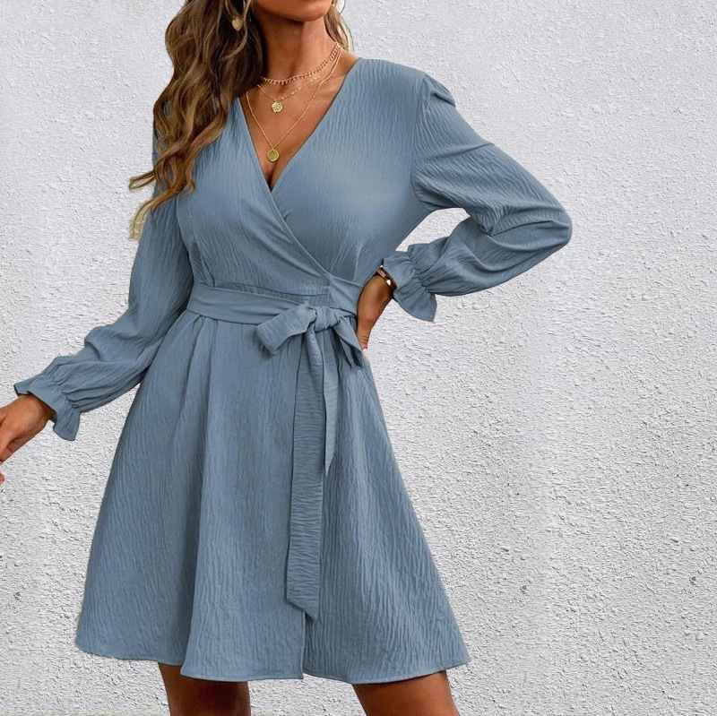Women's Solid Color Belted Balloon Sleeve Dress