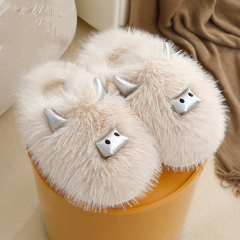 Title 4, Three-dimensional Metal Horn Fluffy Slippers Fe...