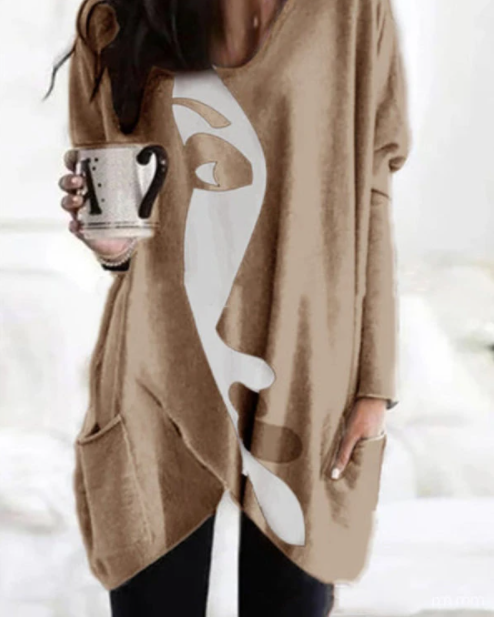 Abstract Printed Long-sleeved Casual Pocket Long T-shirt Women's