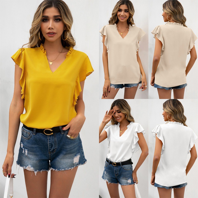 Solid Color Fungus Collar Short Sleeve Shirt