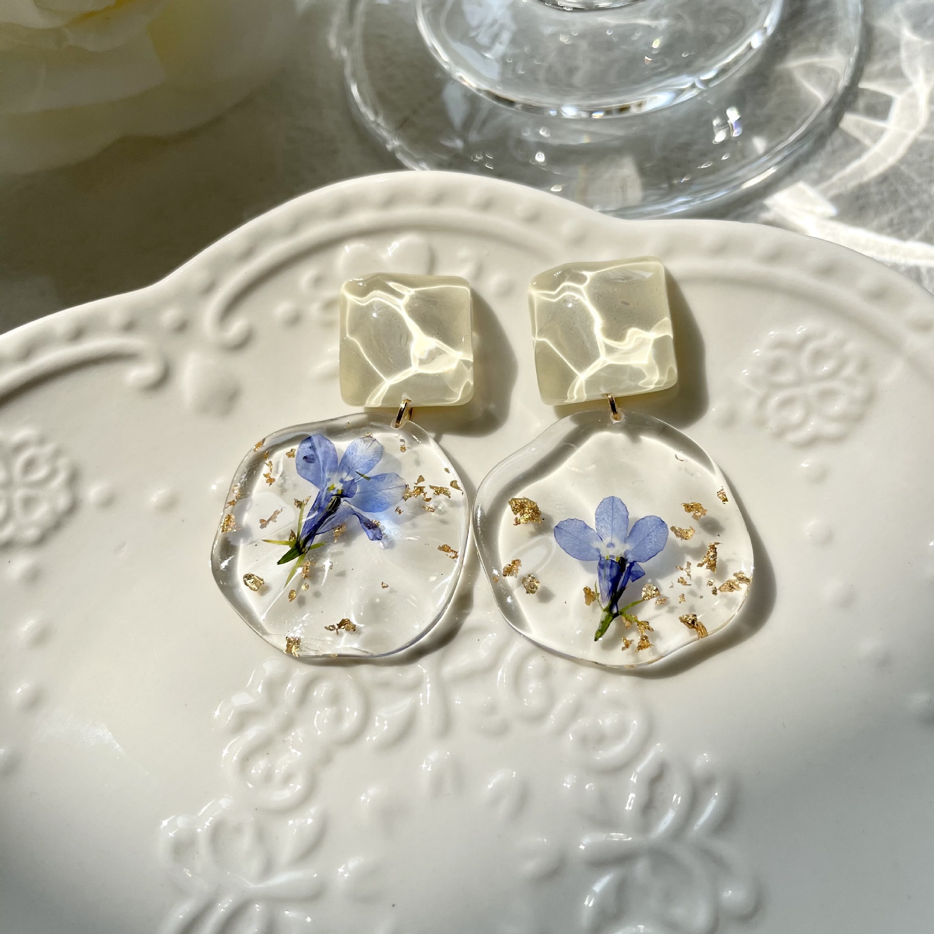 Blue Romantic Retro Drip Dried Flower Earrings