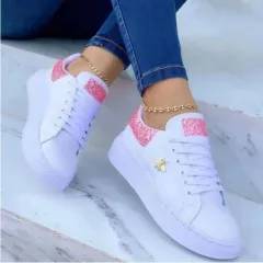 Platform Sneakers Lace-up White Low-top Casual Shoes - Pink - View 1