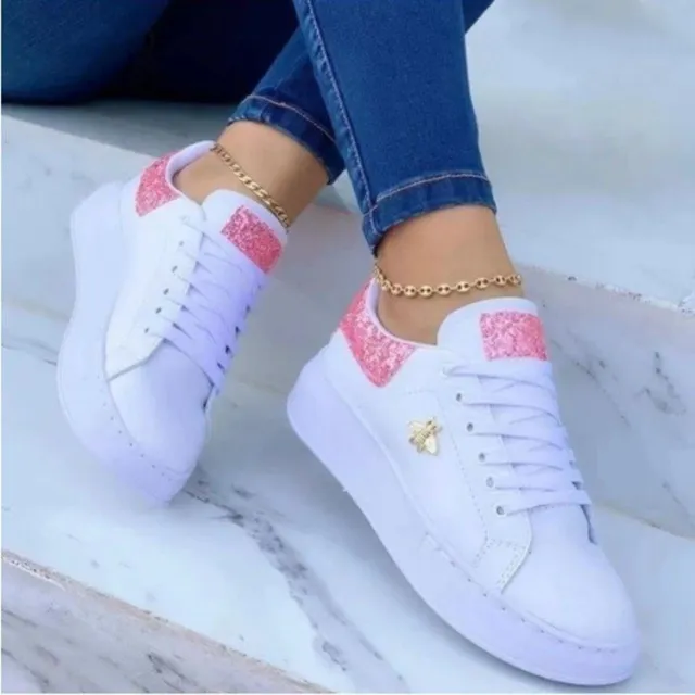 Platform Sneakers Lace up White Low top Casual Shoes Pink - Shop at LoveMi