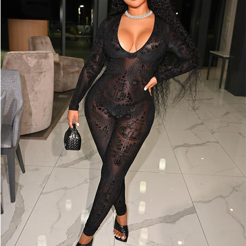 Women’s Deep U See-through Mesh Print Slim Bodysuit