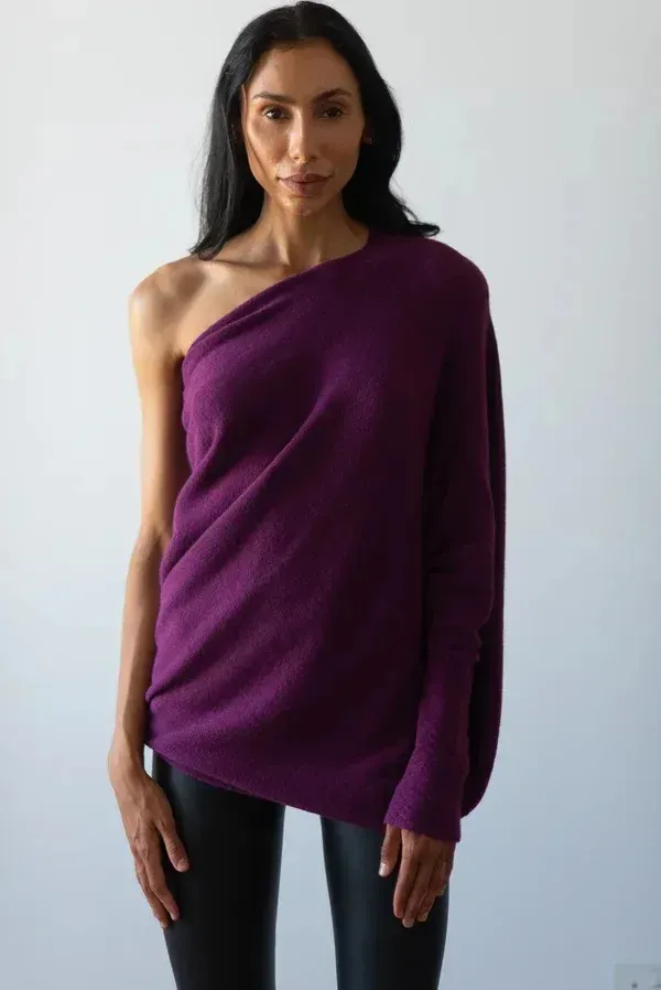 Solid Off shoulder Batwing Sleeve Sweater Fashion Round Neck Temperament Pullover Top Womens Clothing Purple - Shop at LoveMi