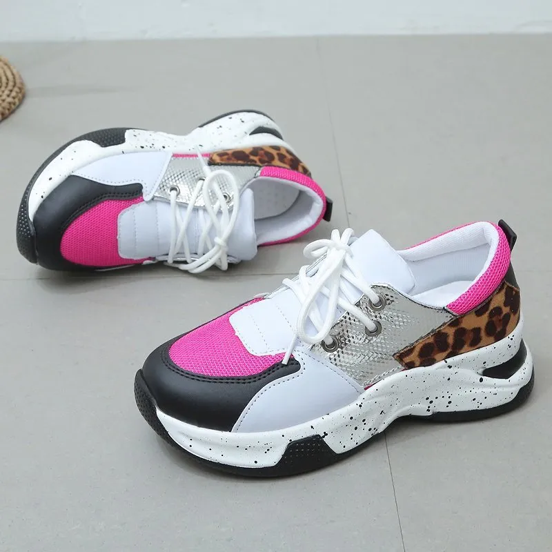 Leopard Print Sneakers Women Lace Up Walking Running Sports Shoes - Red
