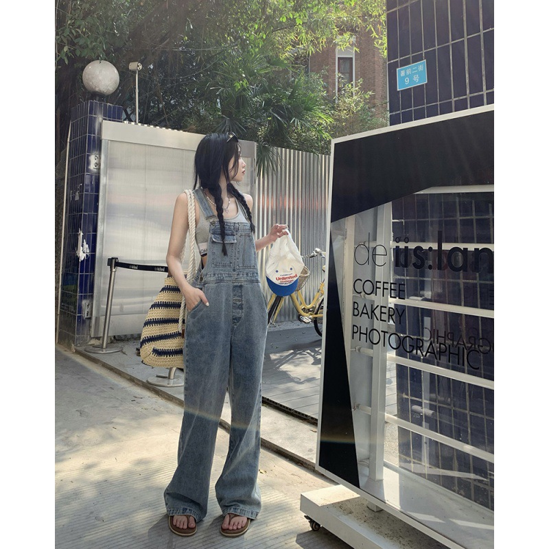 Women's Age Reduction Denim Bibs Straight Wide Leg