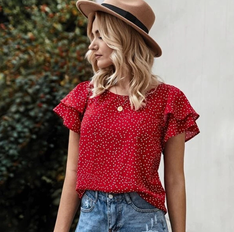 Printed Dot Red Lotus Leaf Versatile T-Shirt