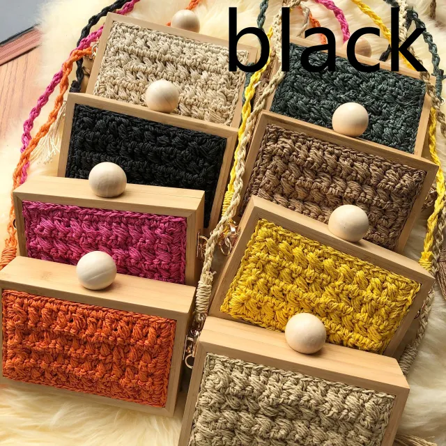 Wooden Frame Straw Bag In Stock Tassel Ball Head Hand Bag Messenger Bag Female Vacation Beach Bag Black - Shop at LoveMi
