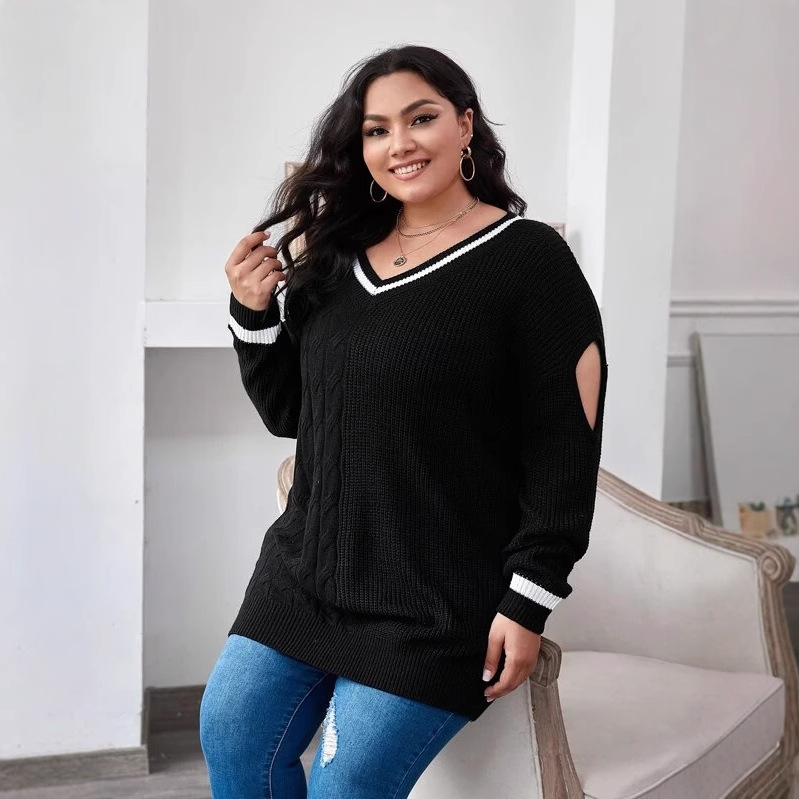 Color Blocking Spliced Knitted Sweater For Women - Slimming Loose Long Sleeved Pullover