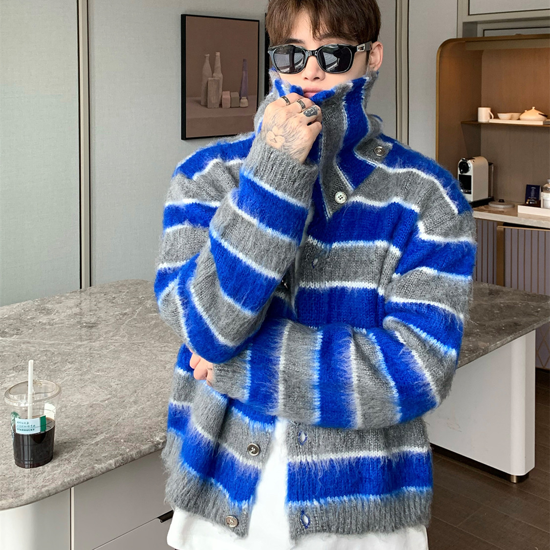 Mens Loose Fitting Clashing Striped Lapel Mohair Knitted Jumper