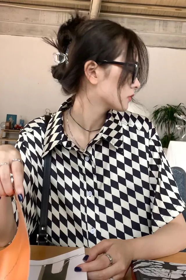 Black And White Checkerboard Shirt Short sleeved Women's Thin POLO Collar Loose Ins Small Shirt White - Shop at LoveMi