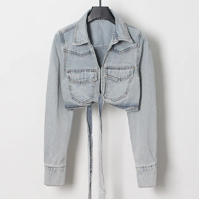 Long Sleeve Lace Up Cropped Denim Jacket Image Color - Shop at LoveMi