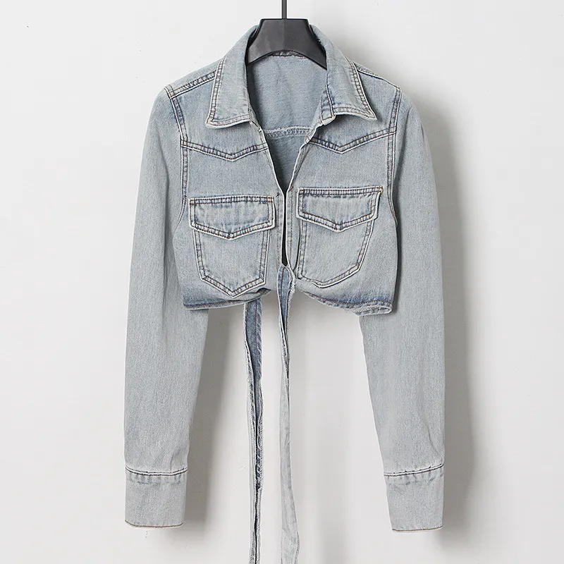 Long Sleeve Lace-Up Cropped Denim Jacket - Image Colour