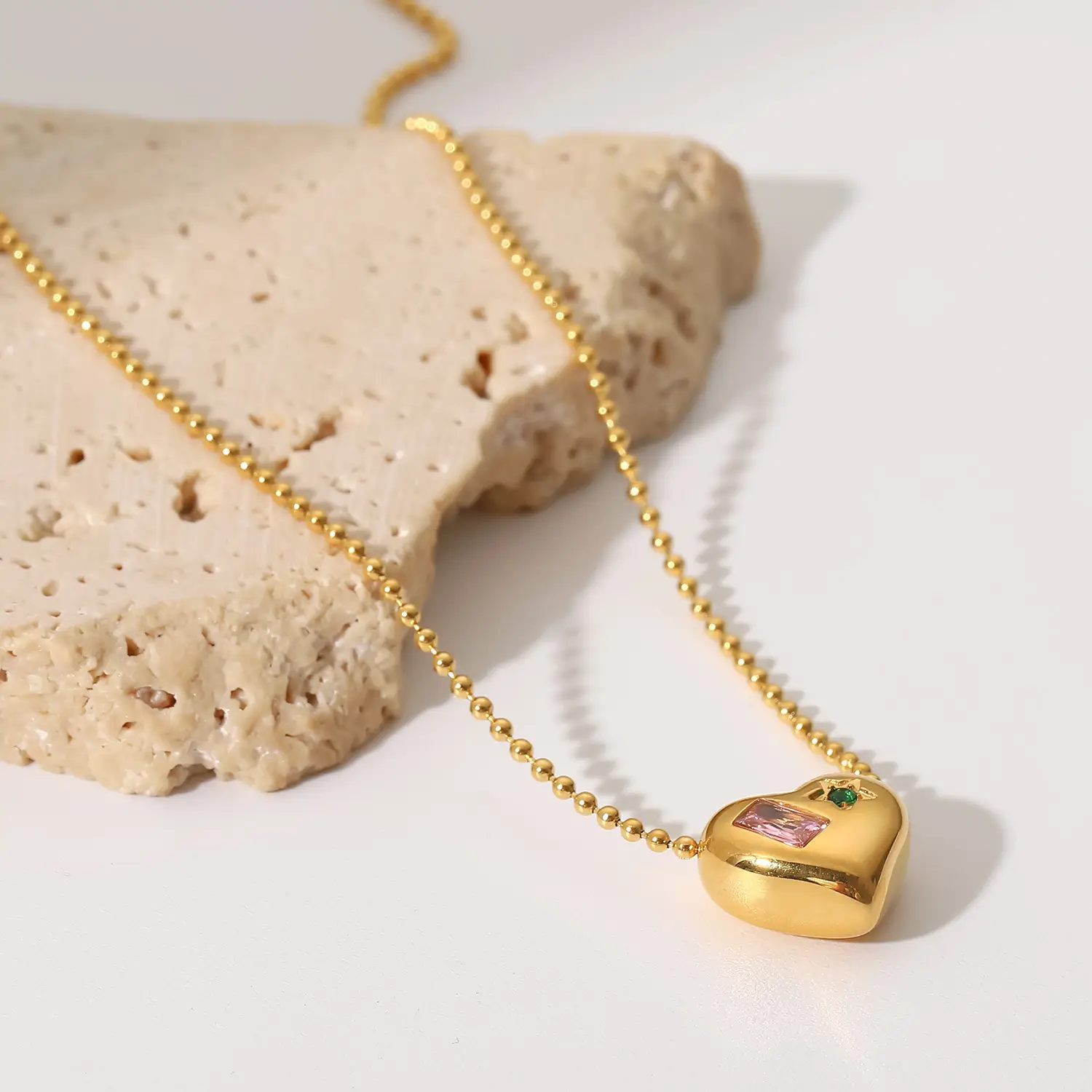 18K Gold Bead Chain With Zirconium Heart Shaped Pendant Women's Fashion Necklace