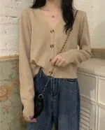 Thin Coat Loose Cardigan V neck Knitted Sweater Short Style Top Apricot - Shop at LoveMi
