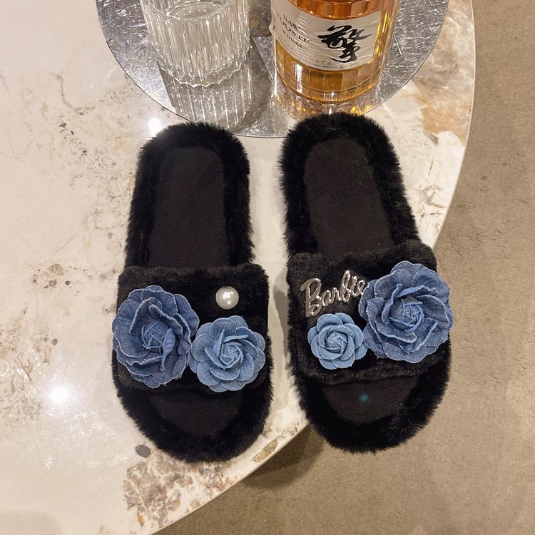 Women's Bestseller Open Toe Retro Floral Indoor & Outdoor Furry Slippers