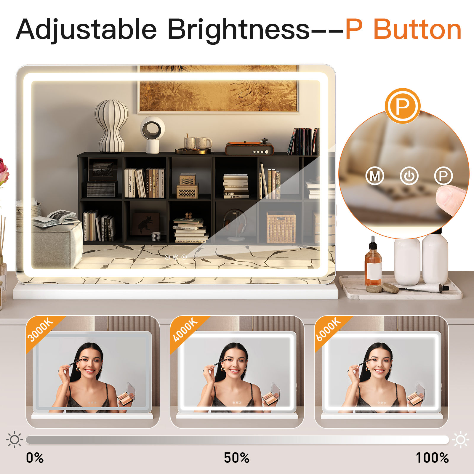 Vanity Mirror With Lights, LED Makeup Mirror With Dimmable 3 Color Modes, Touch Screen Control Vanity Based Mirror Desk Mirror Square White — foto 9