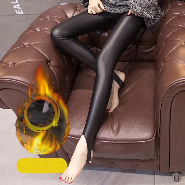 Solid Color Women's Black Matt Leather Pants Black Thick Velvet - Shop at LoveMi