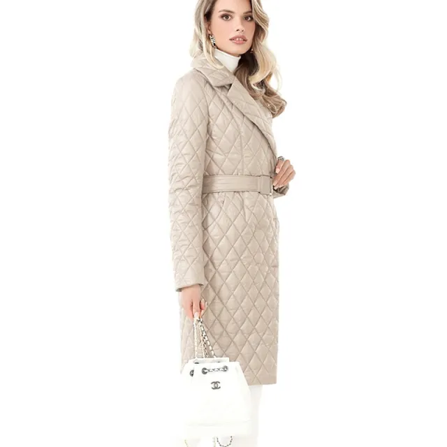 Slim fit Lace Up Lapel Long Sleeve Plaid Long Cotton Coat Beige - Shop at LoveMi