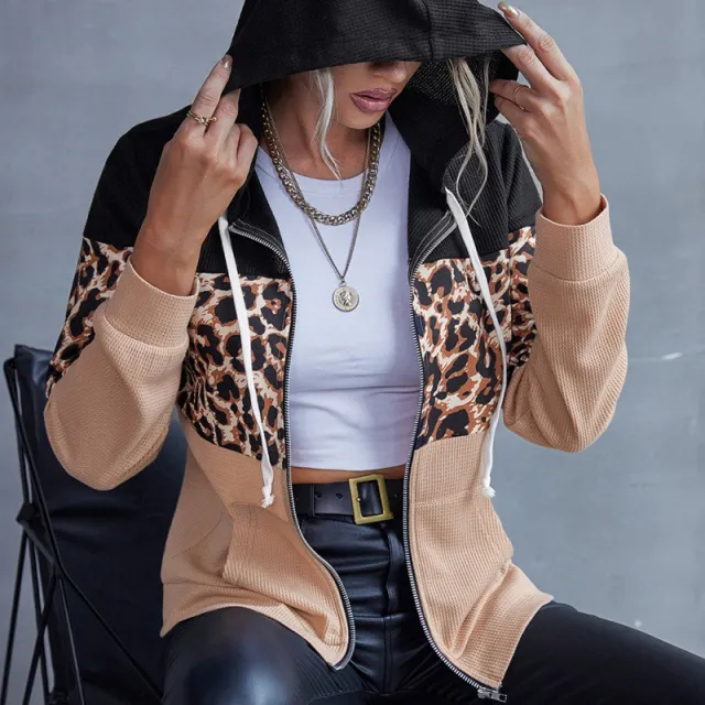 Leopard Print Stitching Zipper Sweater Hooded Jacket Women Khaki - Shop at LoveMi