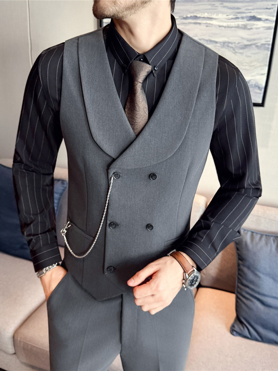Men's Yarn-dyed High Double-breasted Shawl Collar Vest