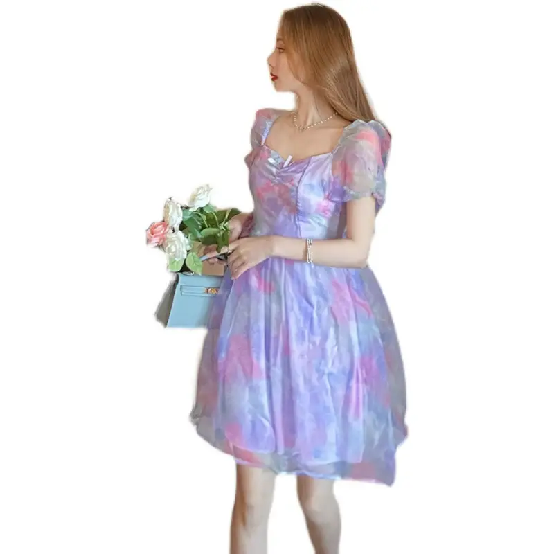 Women's Summer Short Sleeve Purple Mesh Dress