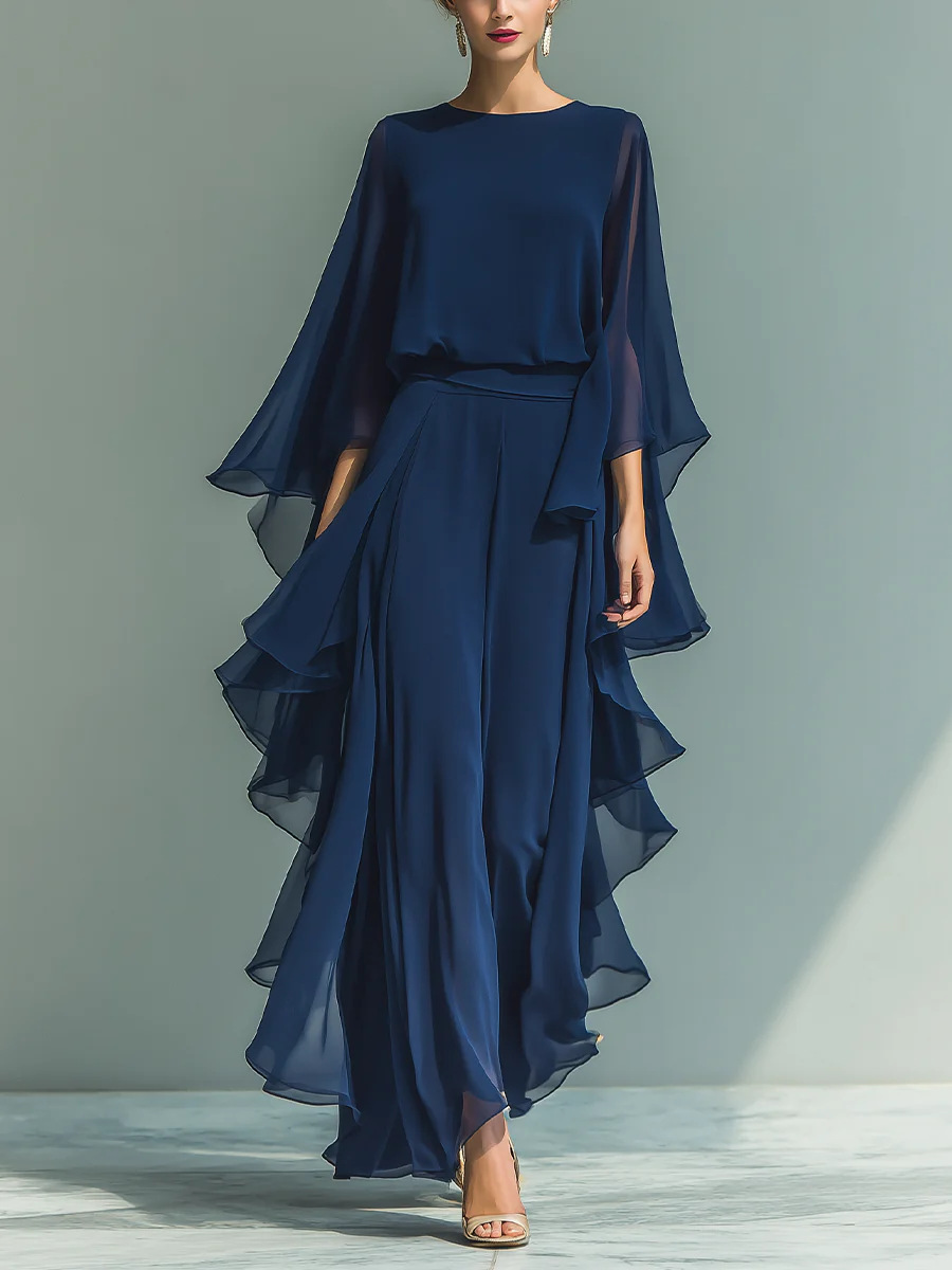Women's Ruffle Edge Wide-Leg Pants Set, Elegant Long Sleeve Two-Piece Casual Outfit