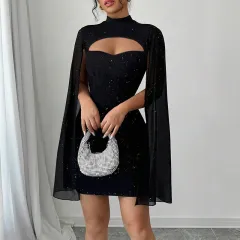 Women's Sparkly Bodycon Mini Dress, Mock Neck Cloak Sleeve Cocktail Dress - Black - View 1