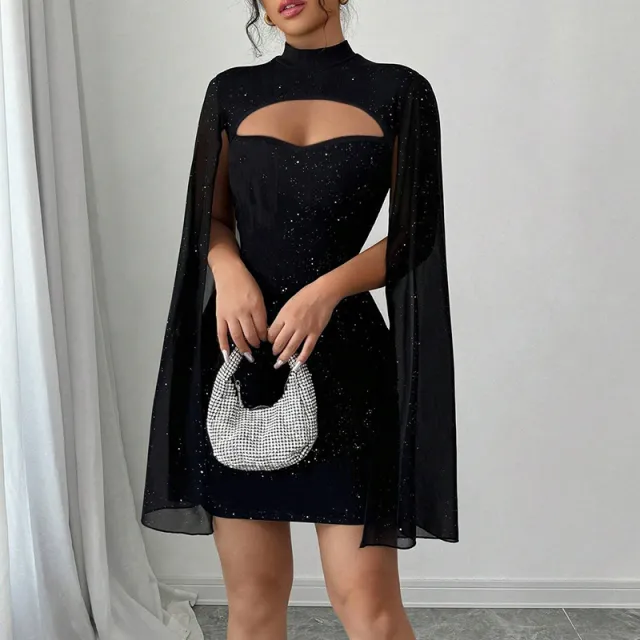 Women's Sparkly Bodycon Mini Dress, Mock Neck Cloak Sleeve Cocktail Dress Black - Shop at LoveMi
