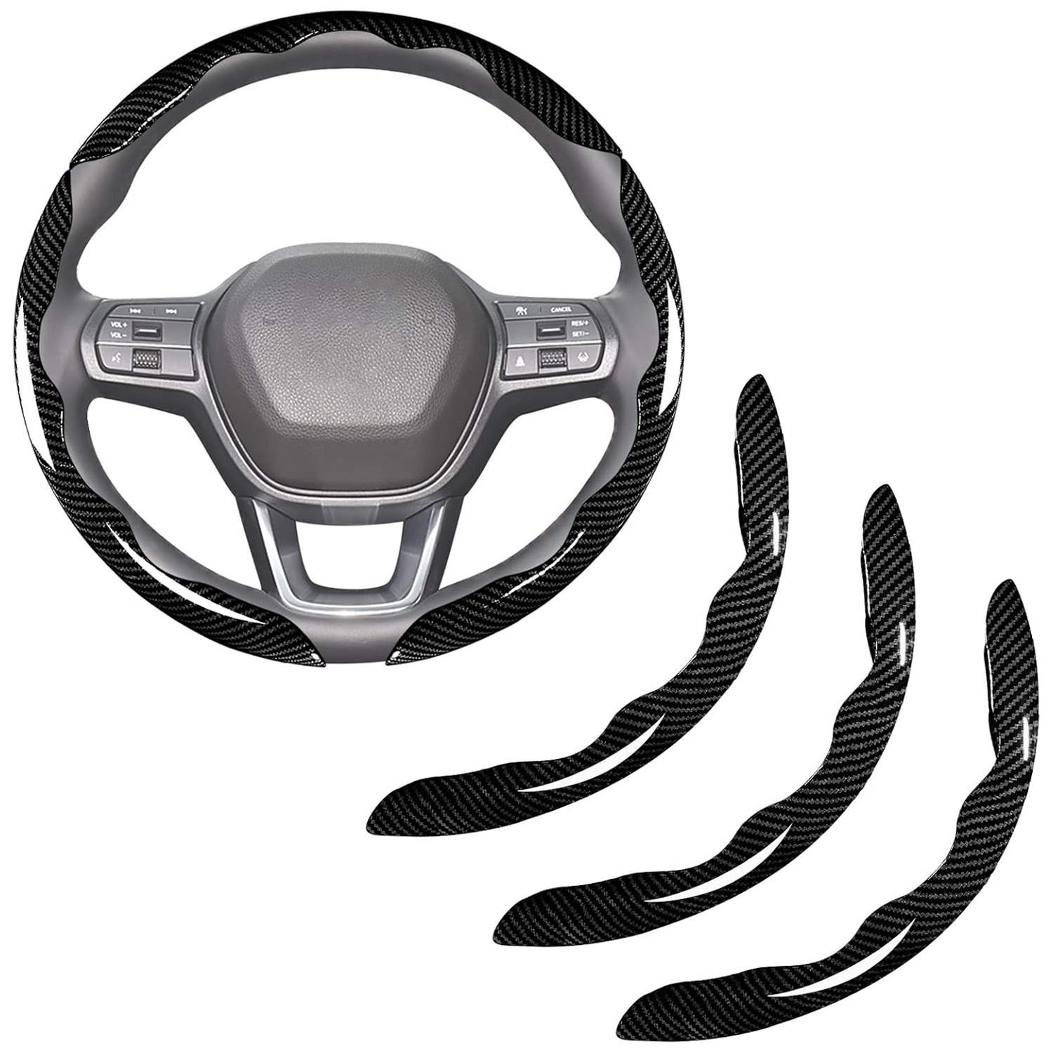 Carbon Fiber Steering Wheel Covers 3 Piece Clip On Steering Wheel Cover -Black
