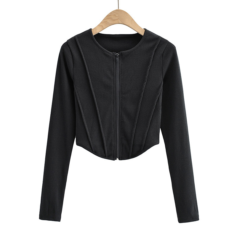 Round Neck Curved Hem Zippered Long-sleeved T-shirt Cardigan