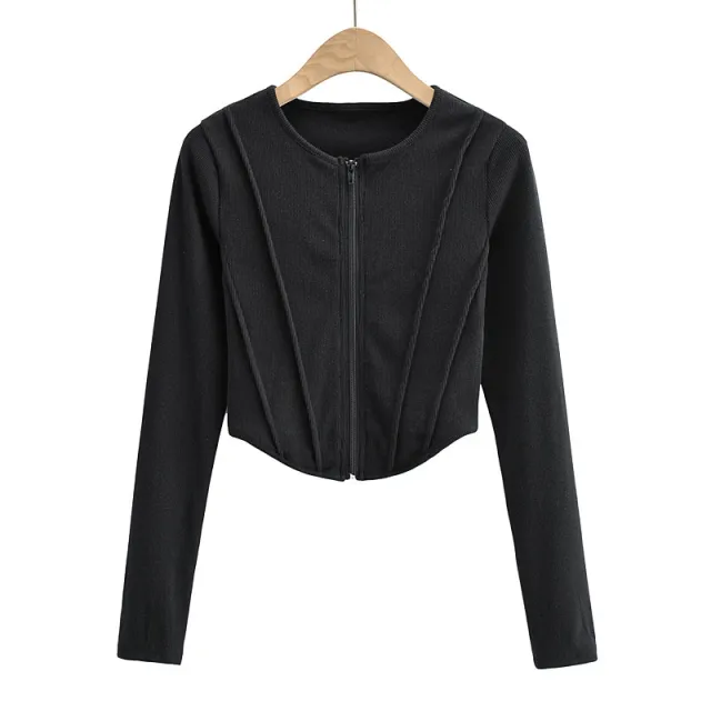 Round Neck Curved Hem Zippered Long sleeved T shirt Cardigan Black - Shop at LoveMi
