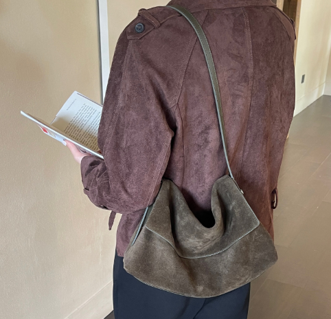 Suede Leather Handbag This Year's Trend  Genuine Single Shoulder Crossbody Bag, Retro Lazy Style, Large Capacity Messenger Bag For Women-green 4