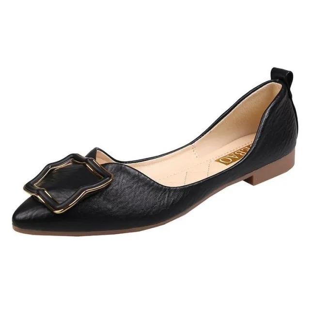 Women's New Gentle Style Shallow Mouth Square Buckle Flat Shoes Black - Shop at LoveMi