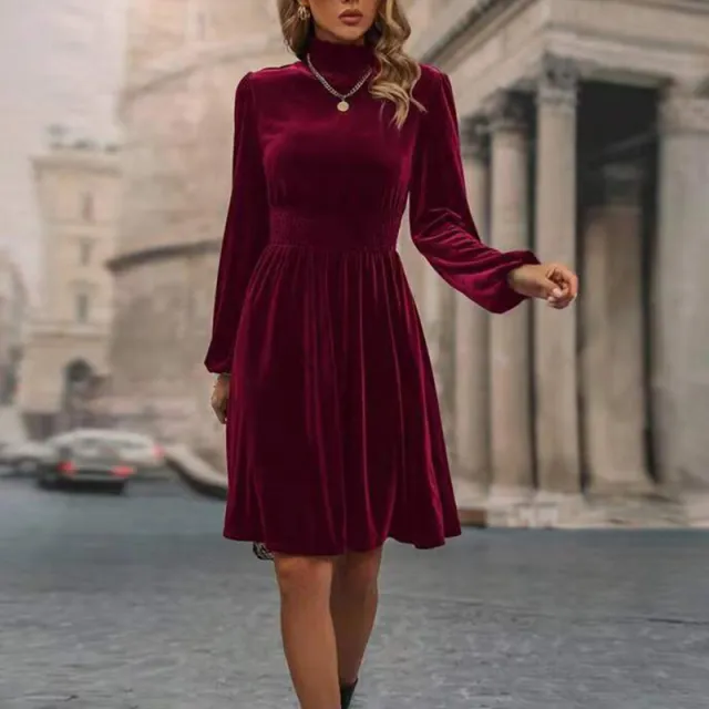 Women's Mock Neck Velvet Midi Dress, Smocked Waist Long Sleeve Casual Dress Red - Shop at LoveMi