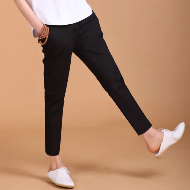 Women Loose Cotton And Linen Harem Cropped Trousers Black - Shop at LoveMi