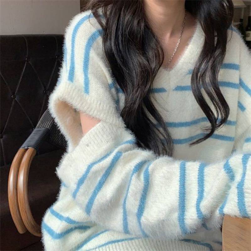 Soft Lazy Wind Collision Color Collar Sweater Female Autumn And Winter Sweater - Shop at LoveMi